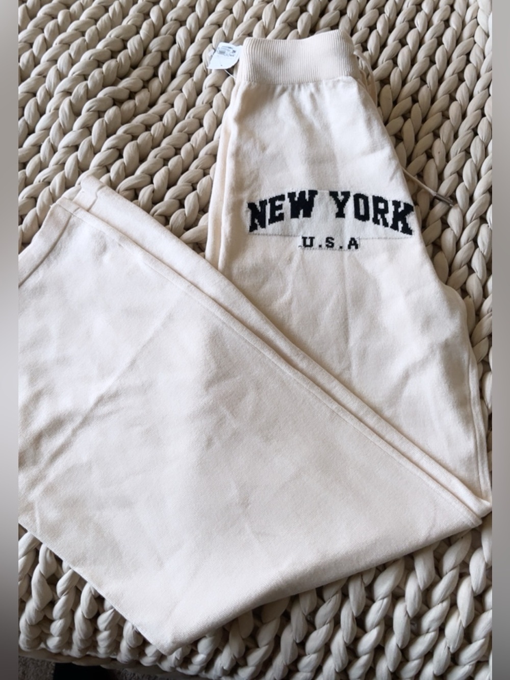 New York USA Cream Knit Lux Wide Leg Sweatpants NWT